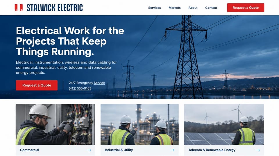Electrician website design, utility, telecom and renewable work with market cards: white header, a blue photo of transmission towers at dusk behind a white headline and a red quote button, three photo cards for commercial, industrial and renewable work