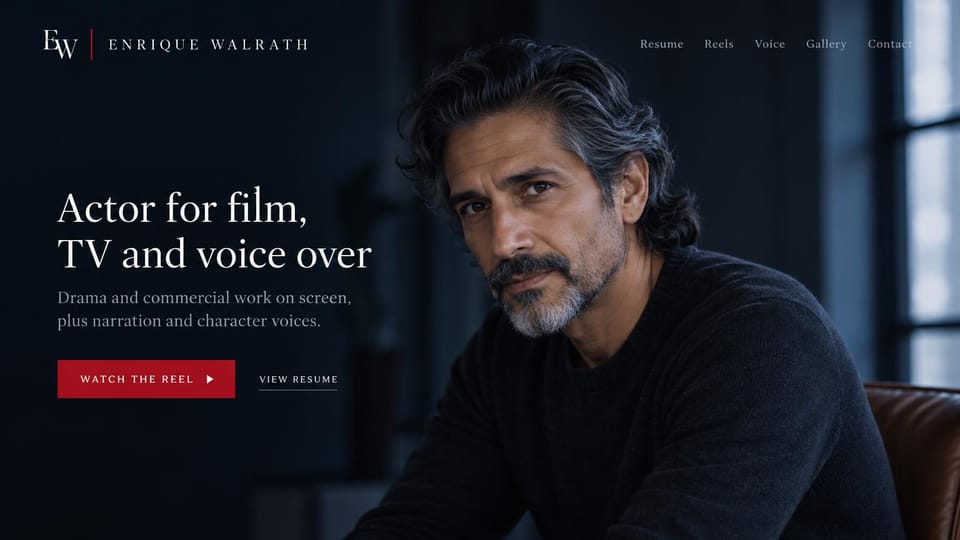 Actor website design, film, TV and voice actor in deep navy: dark navy page, a monogram with a red rule, a white serif headline, a red reel button and a gray-haired man in a dark sweater