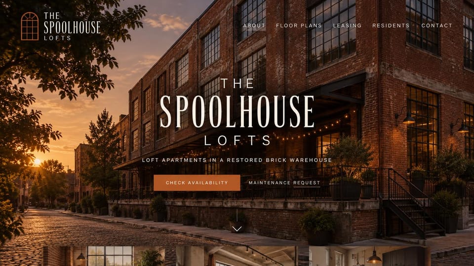 Apartment website design, warehouse lofts on a cobblestone street: a brick warehouse at sunset on a cobblestone street, a tall condensed cream name centered, a rust availability button and a maintenance request link