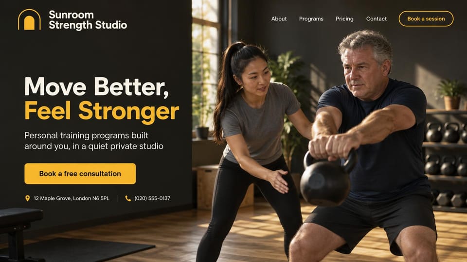Personal trainer website design, one-to-one sessions in a quiet private studio: charcoal page, a white and yellow headline, a yellow consultation button, a trainer coaching an older man's kettlebell swing on a sunlit wood floor