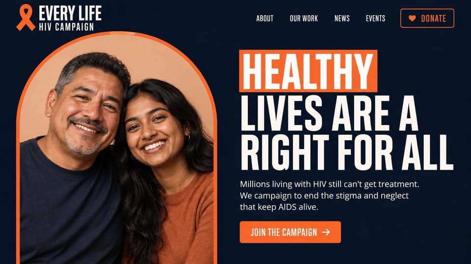 Nonprofit website design, health campaign with an arched portrait: navy with an orange arch framing two smiling people, a large condensed white and orange headline