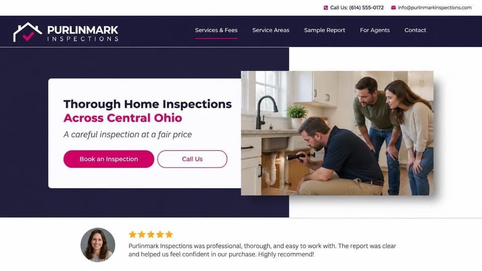 Home inspector website design, fair-price inspections with a client review: navy header and block, a white card with black and magenta headline, magenta and outlined buttons, an inspector checking under a sink as a couple watches, a review row