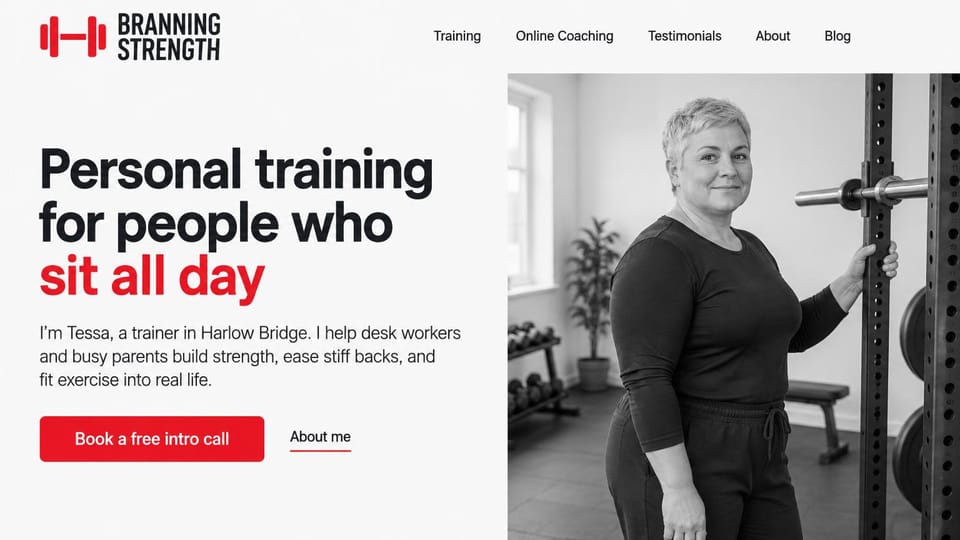 Personal trainer website design, strength training for desk workers with stiff backs: light gray page, a bold black headline ending in red, a red intro call button, a black and white portrait of a short-haired woman standing at a squat rack