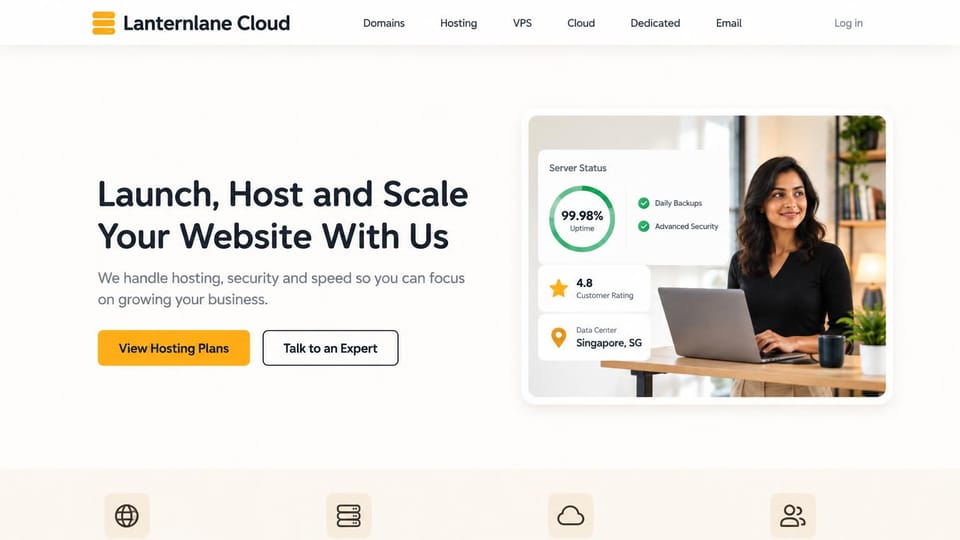 Web hosting website design, website hosting with a server status card: white page, black headline, a yellow plans button and an outlined expert button, a woman at a laptop with server status and rating cards