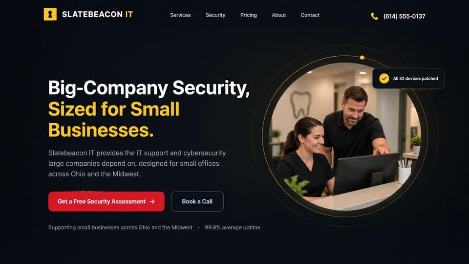 IT company website design, security for small offices in a round photo: near-black page, white and yellow headline, red assessment button and outlined call button, a technician and a receptionist at a monitor in a round photo with a gold ring