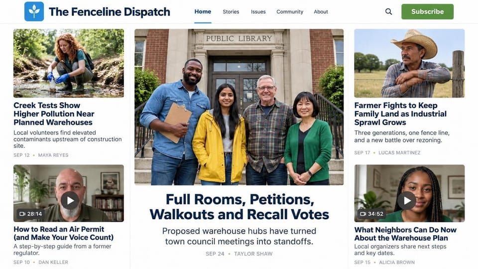 News and magazine website design, community news with video explainers: white page, navy headlines, green subscribe button, neighbors outside a library, a creek sampler and a farmer