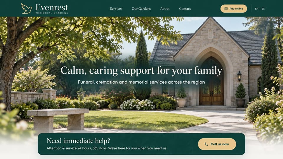 Funeral home website design, memorial gardens with help one tap away: dark green header with a bird mark, a photo of a stone chapel in a flowering garden, a white serif headline and a green bar with a gold call button