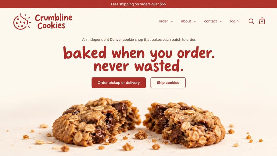 Cafe website design, cookie shop with a playful red headline: cream page, a hand-lettered deep red headline above two chunky oatmeal cookies