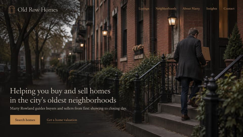 Real estate website design, historic city neighborhoods at dusk: brick row houses at dusk with a man climbing the steps, a cream serif headline and a gold button