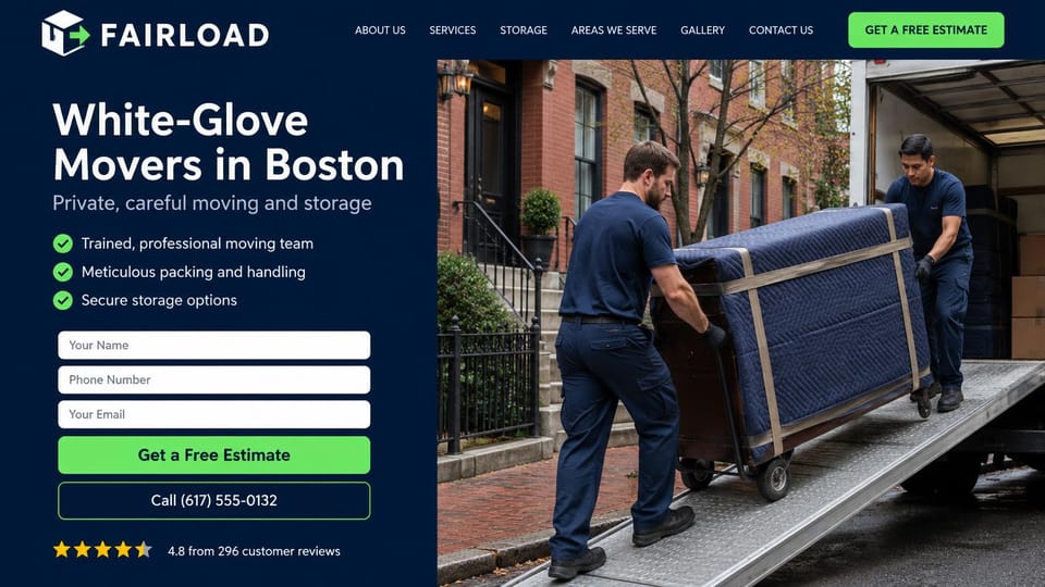 Moving company website design, white-glove movers with a checklist and form: navy panel with a white headline, green checkmarks and a quote form with green buttons, movers pushing a padded dresser up a ramp on a brick rowhouse street