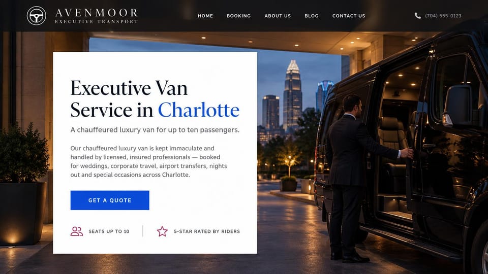 Car rental website design, executive van service for groups: dusk city street, a chauffeur opening a black executive van, a white card with a serif headline in black and blue and a blue quote button