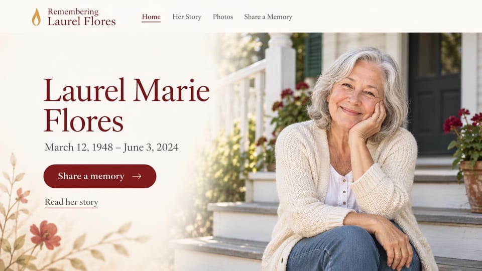 Memorial website design, warm tribute with a front porch portrait: cream page, a large burgundy serif name and dates beside a photo of a smiling gray-haired woman on porch steps