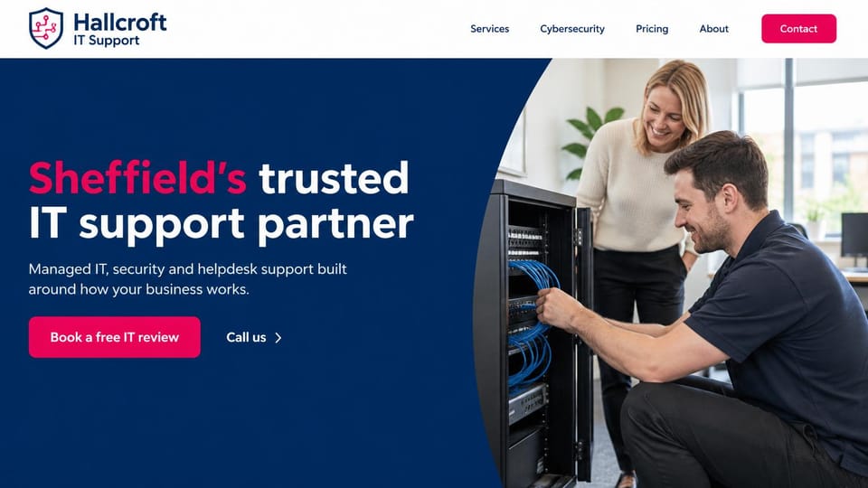 IT company website design, city IT support with a technician and client: white header with a pink contact button, a royal blue hero, pink and white headline, pink review button, a technician at a server cabinet with a smiling client