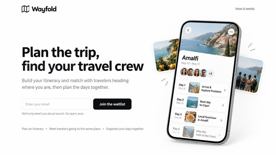 Business website design, travel app waitlist with the trip on a phone: white page, bold black headline, an email field with a black button and a tilted phone showing a coastal itinerary