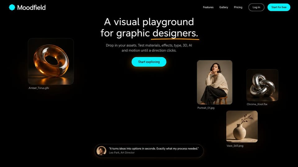 Business website design, tool for graphic designers with floating asset cards: black page, a centered white headline with an orange underline, a cyan button and floating cards of an amber torus, a chrome knot, a portrait and a vase