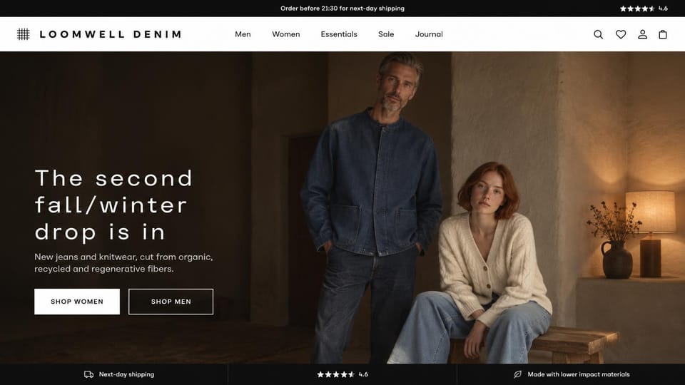 Fashion website design, denim and knitwear in a lamp-lit room: dark warm interior, a man in a denim jacket beside a red-haired woman in a cream cardigan and jeans, a wide-spaced white headline and white and outlined buttons