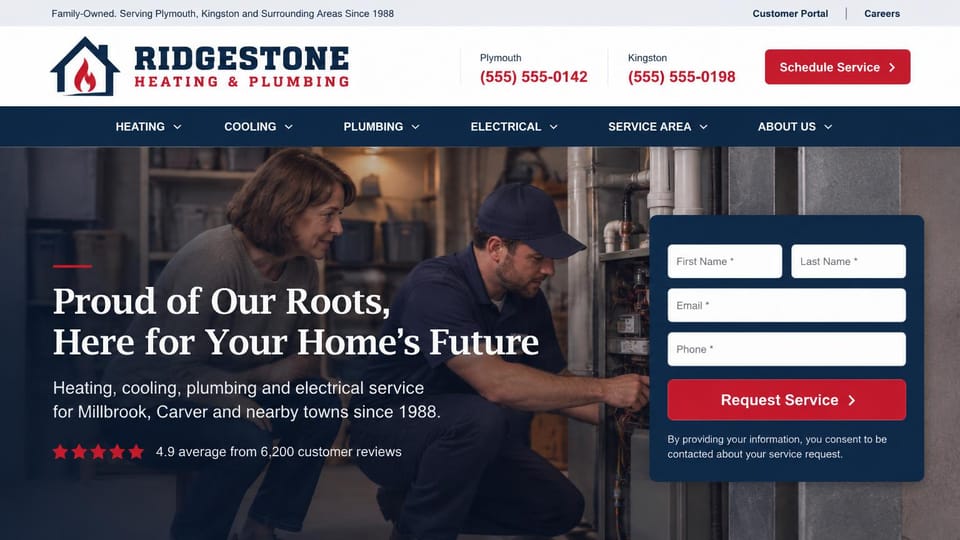 HVAC website design, family-owned heating and plumbing with two offices: white header with two red phone numbers, a navy menu, a white serif headline and a request form over a technician at a basement furnace while a homeowner watches