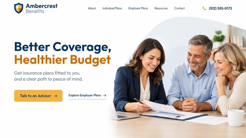 Insurance agency website design, health and benefits broker with an advisor at the table: white page, a navy and amber headline, a yellow talk to an advisor button and an advisor reviewing papers with a smiling couple