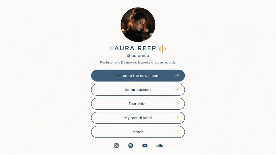 Musician website design, dJ and producer link page, light: off-white page, a round portrait, a navy name and outlined link buttons with gold accents