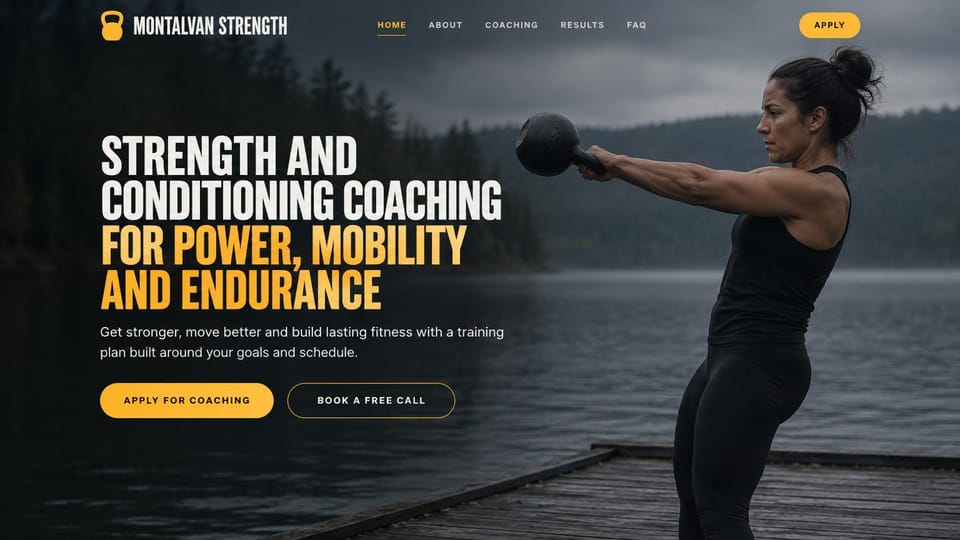 Personal trainer website design, kettlebell coaching on a moody lakeside dock: a woman swinging a kettlebell on a wooden dock by a gray lake under a moody sky, a condensed white and amber headline, an amber apply button and an outlined call button