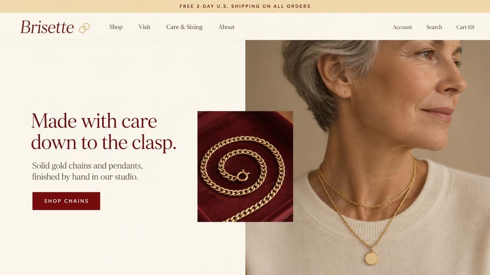 Jewelry website design, solid gold chains with an inset detail photo: cream page, pale gold top bar, dark red italic serif wordmark with two linked rings, dark red headline and button, a gray-haired woman in a cream sweater wearing two gold chains, a curb chain on red velvet inset