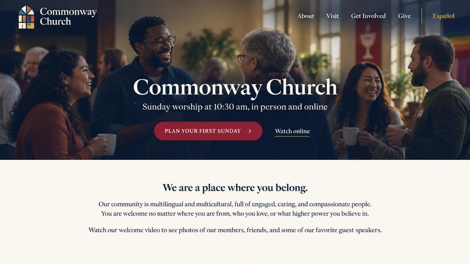 Church website design, multicultural church with a Spanish link: people talking over coffee in a warm hall, centered white serif name, red button, cream section below