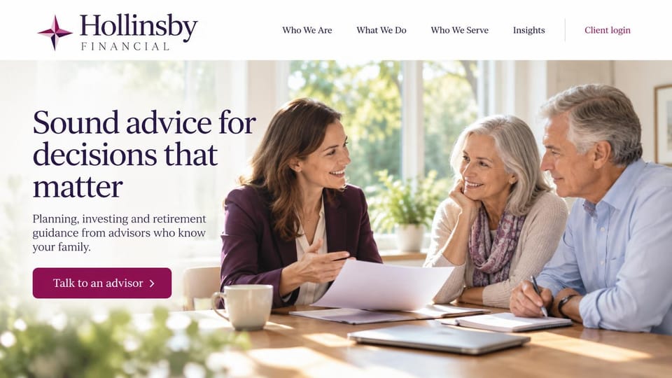 Financial advisor website design, family financial advice in plum and white: white page, large dark plum serif headline, plum button and a bright photo of an advisor with an older couple at a table
