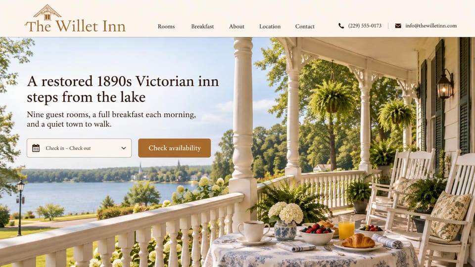 Bed and breakfast website design, victorian lakeside inn with a date picker: cream header with a copper serif logo, a white Victorian porch with rocking chairs, ferns and a breakfast table above a lake, a dark serif headline, a date field and a copper button