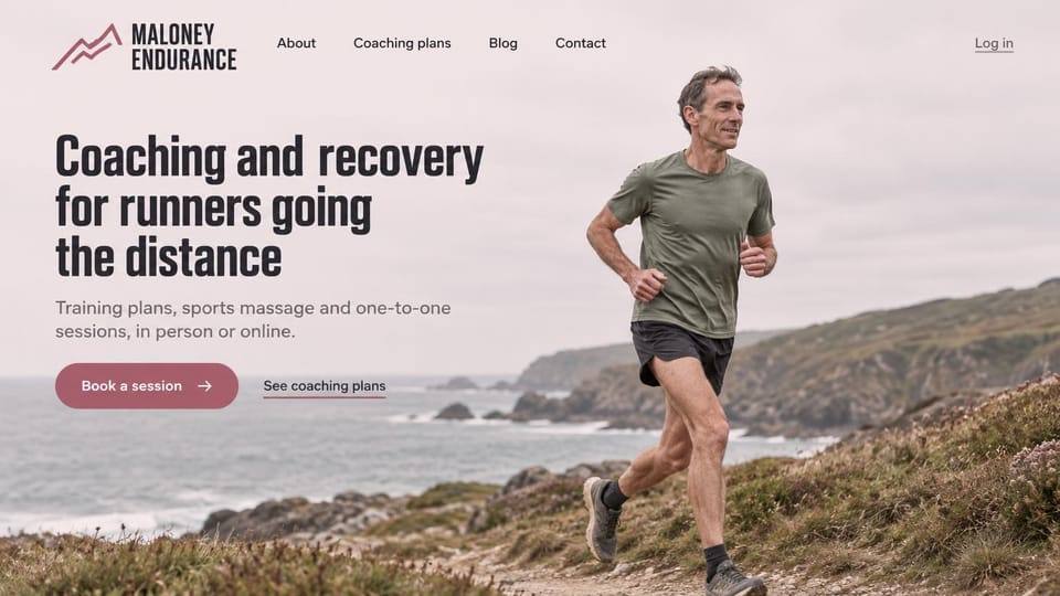 Personal trainer website design, coaching and recovery for distance runners on a coastal path: pale pink sky over a coastal cliff path, a large dark condensed headline, a dusty rose booking button and a plans link, a gray-haired man running in a green shirt