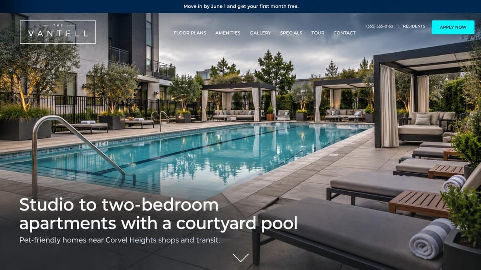 Apartment website design, pet-friendly apartments by a courtyard pool at dusk: dusk courtyard pool with cabanas and loungers beside a modern building, a navy offer bar, a white boxed wordmark, a cyan apply button and a large white headline