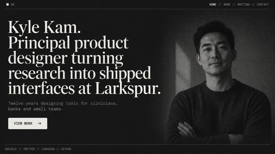 Personal website design, product designer in grainy monochrome: dark monochrome page, a large white serif headline beside a grainy portrait of a man