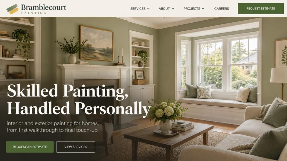 Painting website design, residential painting in a calm sage living room: cream header, photo of a sage green living room with a bay window seat and fireplace, a large white serif headline, a green estimate button