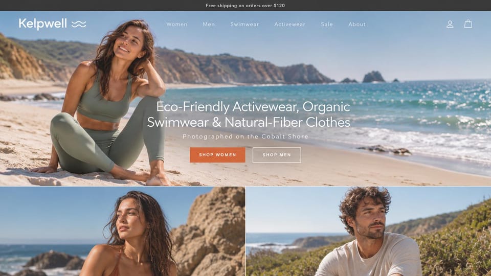 Fashion website design, eco activewear and swim with photos below: dark top bar, a smiling woman in a sage sports bra and leggings on a sunny beach below cliffs, a white headline, orange and outlined buttons, two coastal photos below