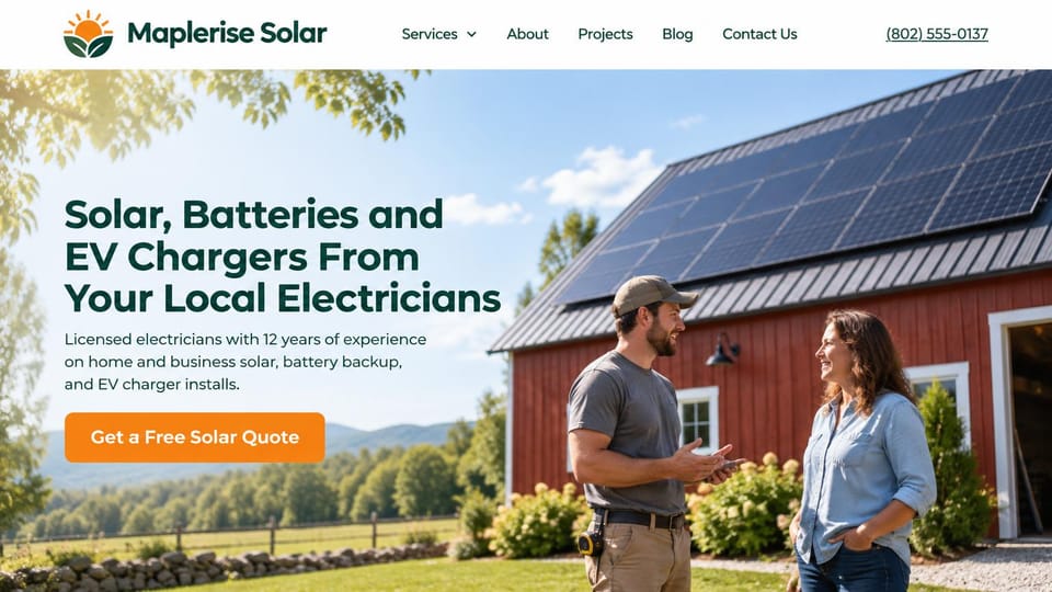 Solar website design, electricians who install solar, by a red barn: white menu with an underlined phone number, a sunny photo of an electrician talking with a woman beside a red barn with a solar roof, a deep green headline, an orange quote button