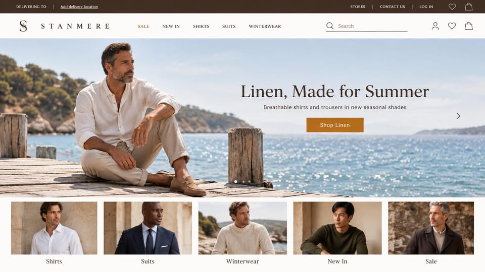 Fashion website design, menswear store with a category row under the hero: brown utility bar, a spaced serif logo, a man in a white linen shirt sitting on a jetty by the sea, a dark serif headline and an ochre button, five category photos below