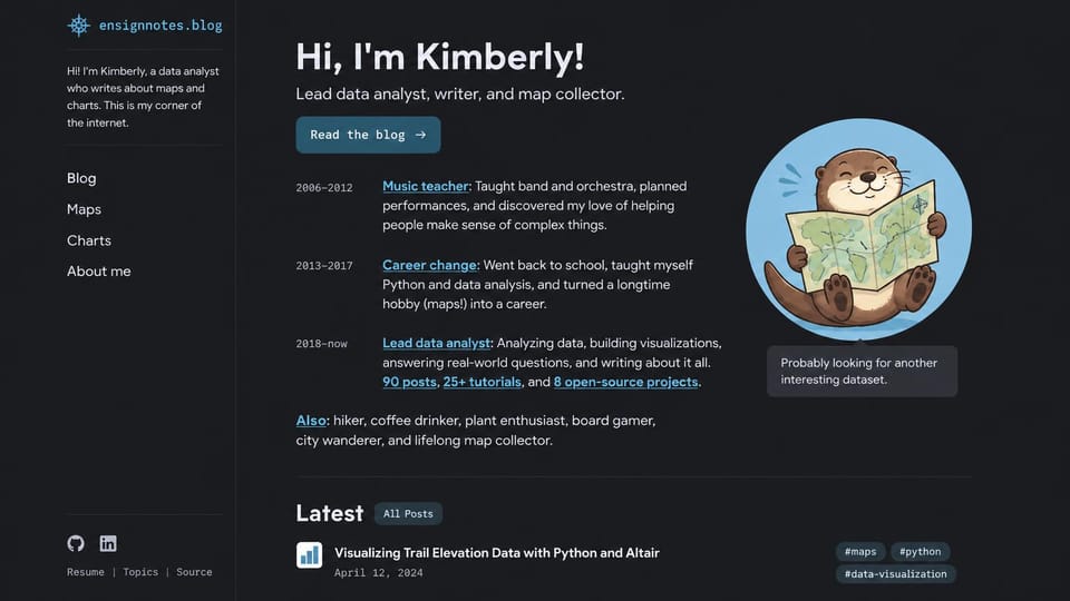 Blog website design, data blog with a career timeline: dark charcoal with a sidebar, white text, blue links and a cartoon otter holding a map