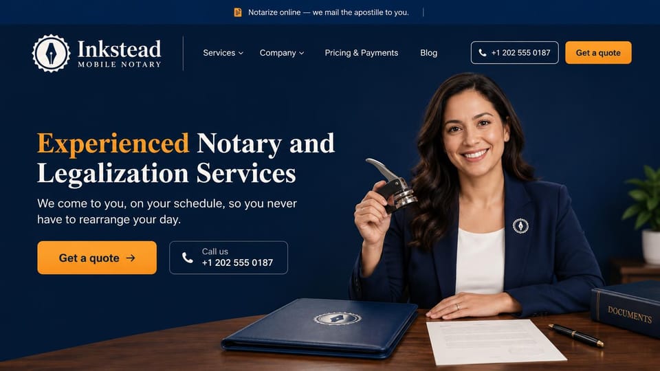 Notary website design, apostille and notary with a smiling portrait: navy page, a white and orange serif headline, an orange quote button, a smiling notary at a desk holding a seal embosser