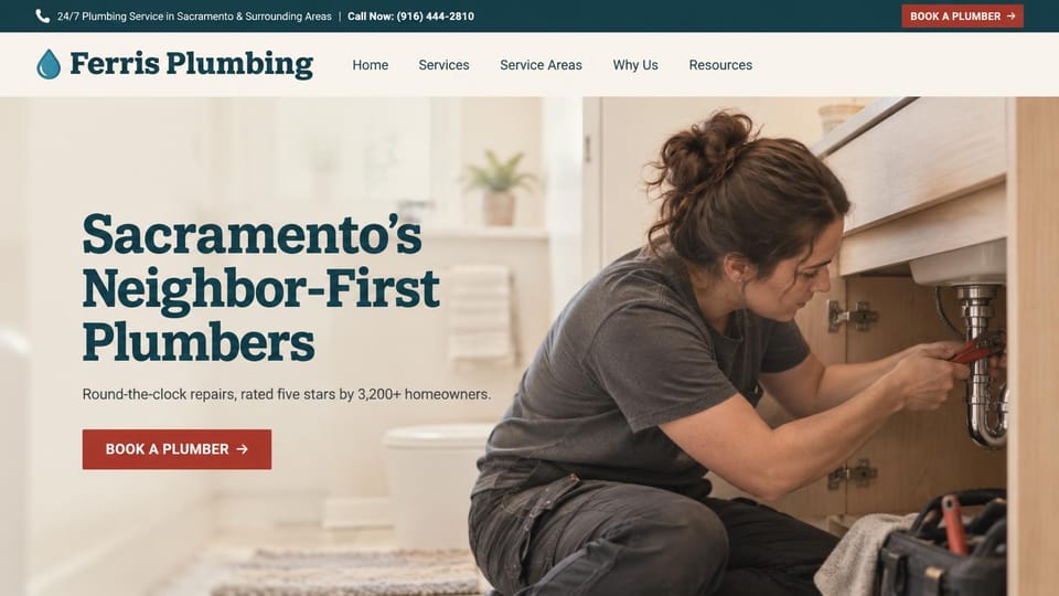 Plumbing website design, neighborhood plumber with a woman at work: dark teal top bar, cream header, a soft cream photo of a woman plumber working under a bathroom sink, a dark teal serif headline and a red booking button