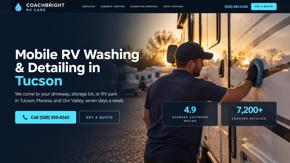 Car detailing website design, mobile RV washing with stat cards over the photo: navy page, a white and cyan headline, a cyan call button and an outlined quote button, a worker in a cap scrubbing an RV at sunset, two dark stat cards