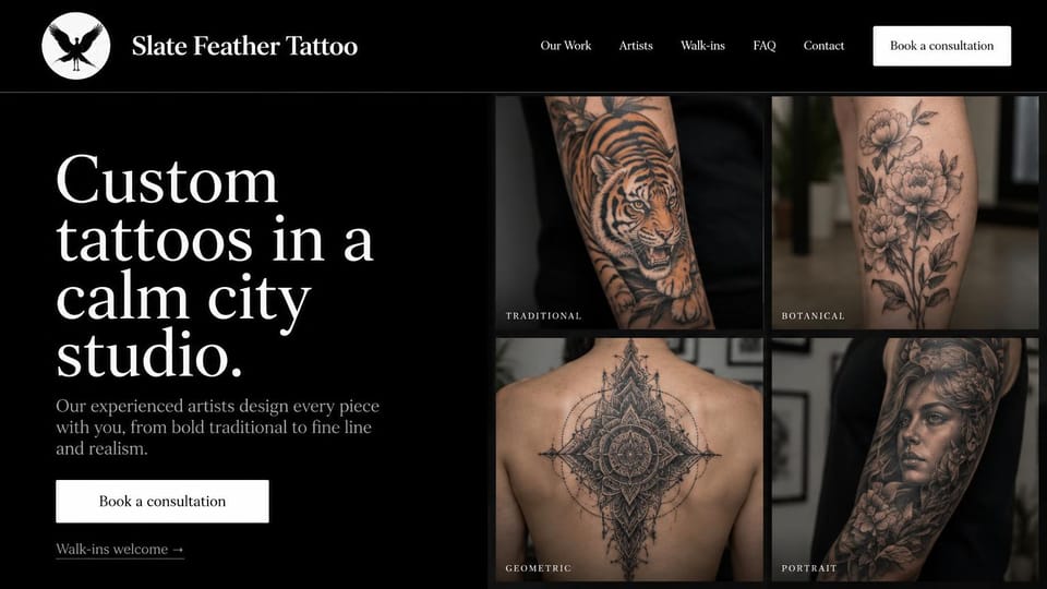 Tattoo website design, walk-in city studio with a grid of styles: black page, a large white serif headline, a white consultation button and a walk-ins link, a grid of four black and grey tattoos