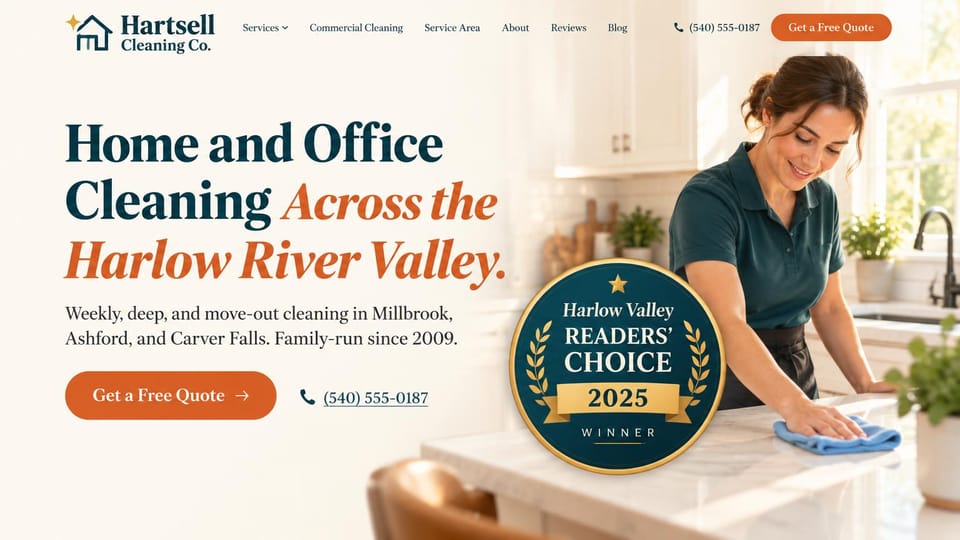 Cleaning service website design, family-run home and office cleaning with an award seal: cream page, a navy and orange italic serif headline, an orange quote button, a navy and gold award seal and a cleaner in a green polo wiping a kitchen counter