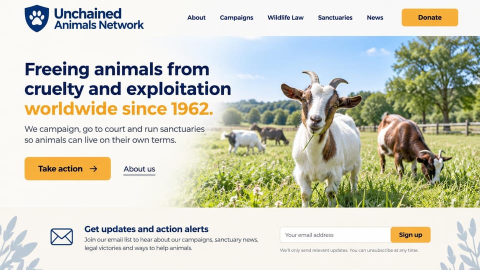 Nonprofit website design, animal sanctuary in an open field: cream page, goats in a green field, navy headline with orange words and a yellow button