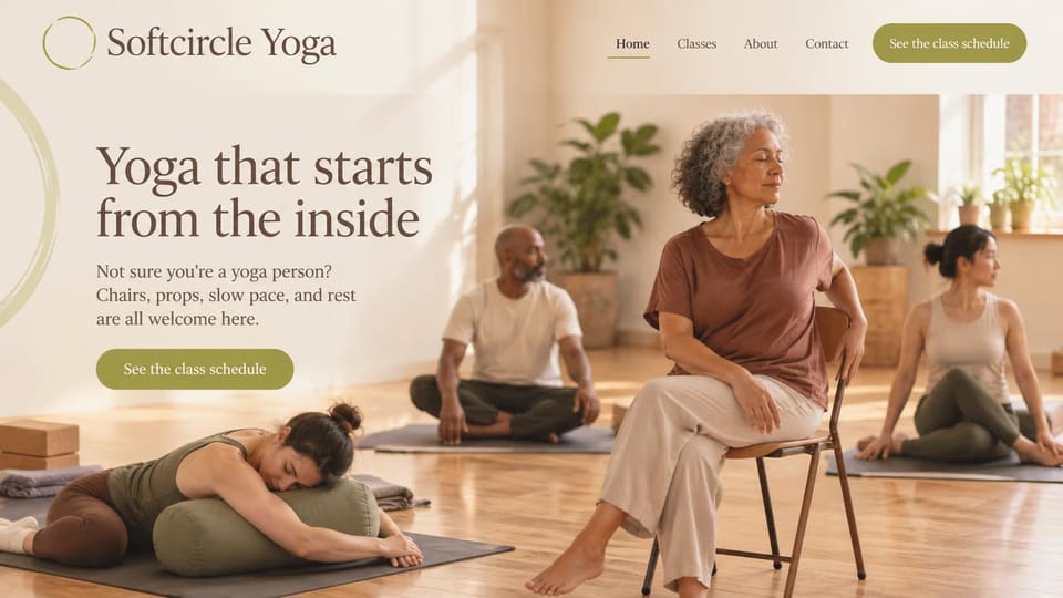 Yoga studio website design, gentle yoga with chairs and props welcome: cream page, a large brown serif headline and olive buttons over a sunlit class with an older woman in a seated twist on a chair