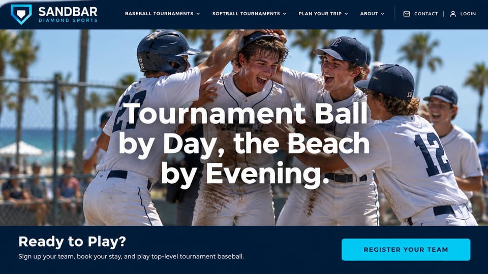 Sports team website design, baseball tournaments by the beach: players in white uniforms celebrating under palm trees by the sea, a large centered white headline and a navy bar with a cyan button