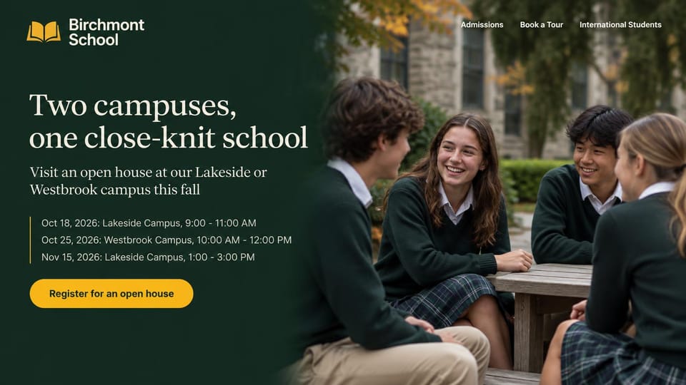 School website design, two-campus school with open house dates up front: dark forest green panel with a cream serif headline and open house dates, uniformed students talking at a picnic table, a gold button