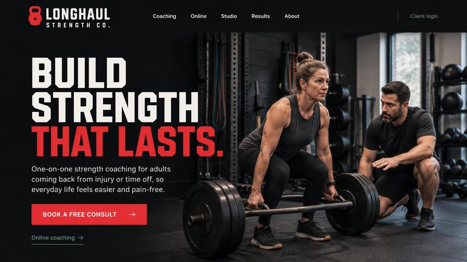 Personal trainer website design, strength coaching for a comeback after injury: black page, a huge condensed white and red headline, a red consult button, a woman deadlifting while a coach crouches beside her
