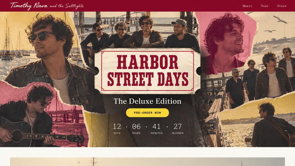 Musician website design, album preorder with a countdown: torn-paper collage of band photos by a harbor, a red framed title and a yellow preorder button