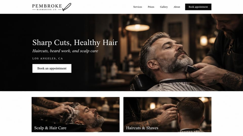 Barbershop website design, barbering and scalp care with service cards: white menu bar, a dark band with a barber trimming an older man's beard, a serif headline, two service photo cards below