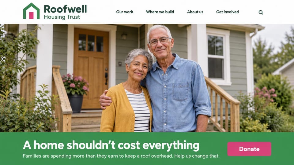 Nonprofit website design, housing charity with a couple on the porch: white and green, an older couple on their front porch above a green banner and a pink donate button