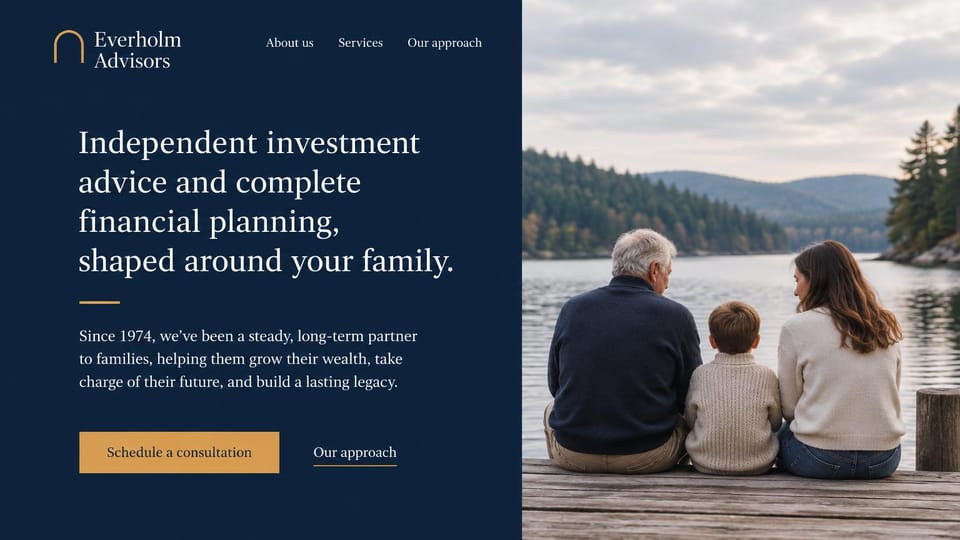 Financial advisor website design, family wealth in navy with three generations on a dock: navy left panel with white serif headline and gold button, beside three generations sitting on a lake dock seen from behind